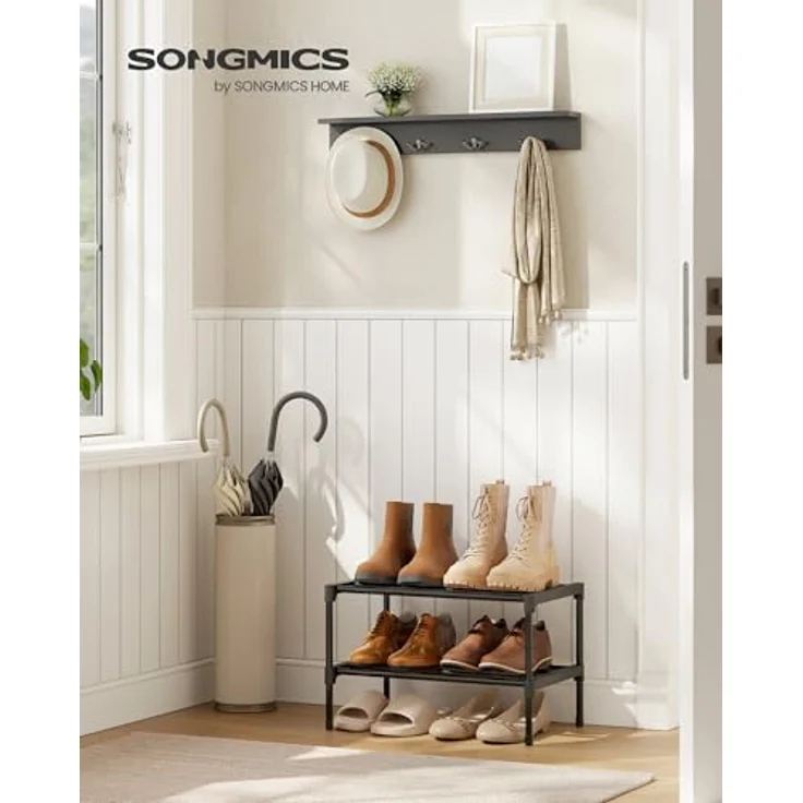 SONGMICS Schuhregal, 2 Ebenen, Schuhablage schmal, Schuh-Organizer Metall, Flur, Wohnzimmer, Kleiderschrank, platzsparend, stapelbar, 30 x 45 x 31 cm, schwarz LSA112BH01 – Bild 2