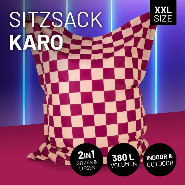 Lumaland 'Karo' Sitzsack XXL für Outdoor & Indoor, Polyester, Pfirsich/Rot, 380 l – Bild 3