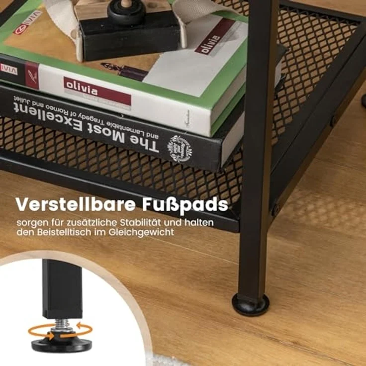 COSTWAY Beistelltisch mit Ablagefach und Gitterablage, Nachttisch mit Metallrahmen und verstellbaren Fußpolstern, Sofatisch für Schlafzimmer, Wohnzimmer, Industrie-Design, 40 x 40 x 57,5 cm – Bild 5