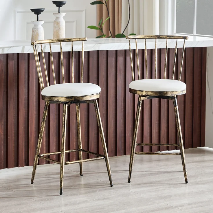 Moderner Metall-Barhocker im Windsor-Stil mit gepolstertem Sitz für Kücheninseln, Bars, Restaurants; Barhocker im Industrial-Stil in Barhöhe; Vintage- und Minimalismus-Stil--Braun + Weiß--96x39x39cm--YOUDENOVA – Bild 2