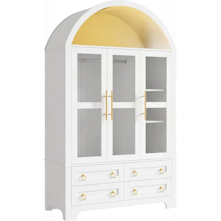 Kleiderschrank 110 x 50 x 186 cm mit 3 Glastüren, 4 Schubladen und App-steuerbarer LED-Beleuchtung – Weiß – Bild 9
