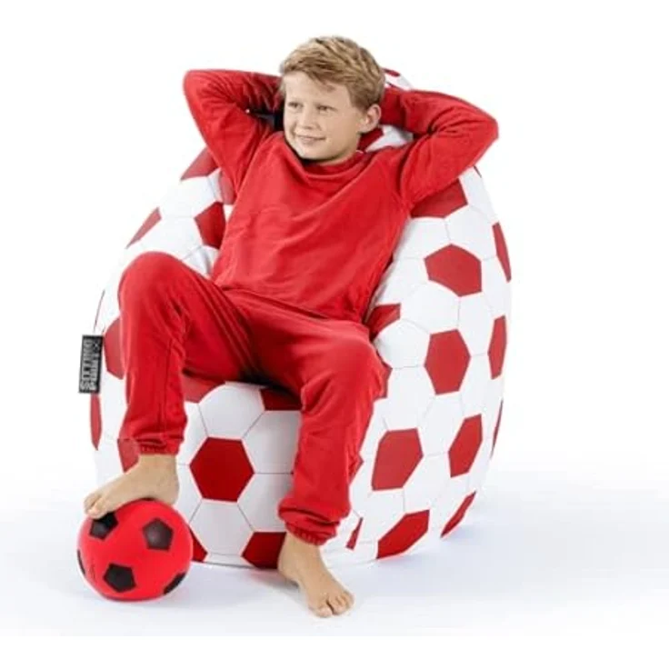 Sitting Point Sitzsack BeanBag Fankurve 220 l, Rot-Weiß mit Fußball-Muster, waschbarer Bezug und integrierter Seitentasche – Bild 3