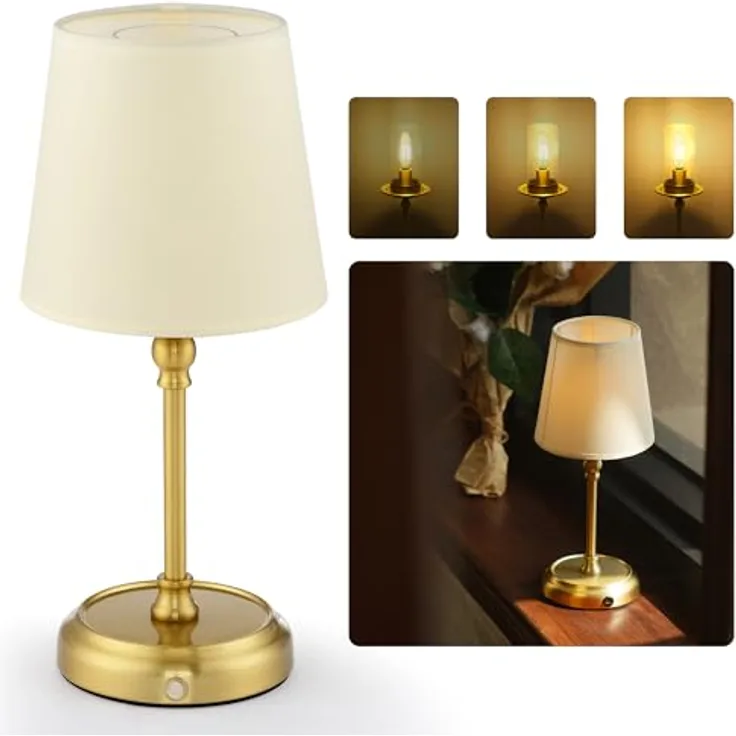 LuminexDesigns Bettlampen Wiederaufladbare Kabellose Tischlampen 5200 mAh für Wohnzimmer mit Inklusive Glühbirne Dimmbar Touch-Steuerung 3-in-1 Lampenschirm für Schlafzimmer Esszimmer Home-Dekor Gold