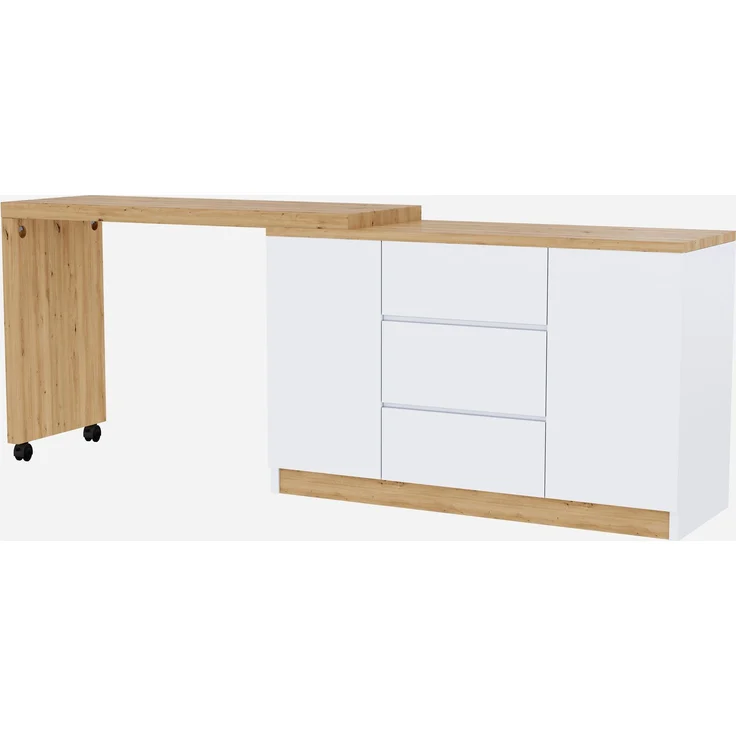 Schreibtisch 120 × 50 × 76,5 cm, drehbar und klappbar, 3 Schubladen, 2 Türen, 2 feststellbare Rollen, 4 cm starke Platte, Spanplatte, Weiß/Eiche – Bild 7