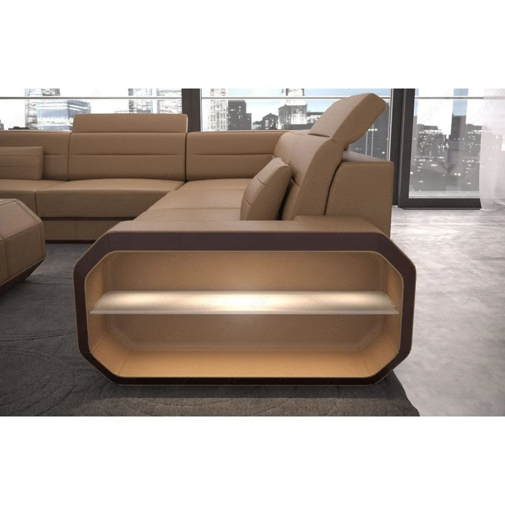 Leder Wohnlandschaft Verona U-Form – Komfort - Büffelleder - sandbeige-dunkelbraun - Rechts – Bild 4