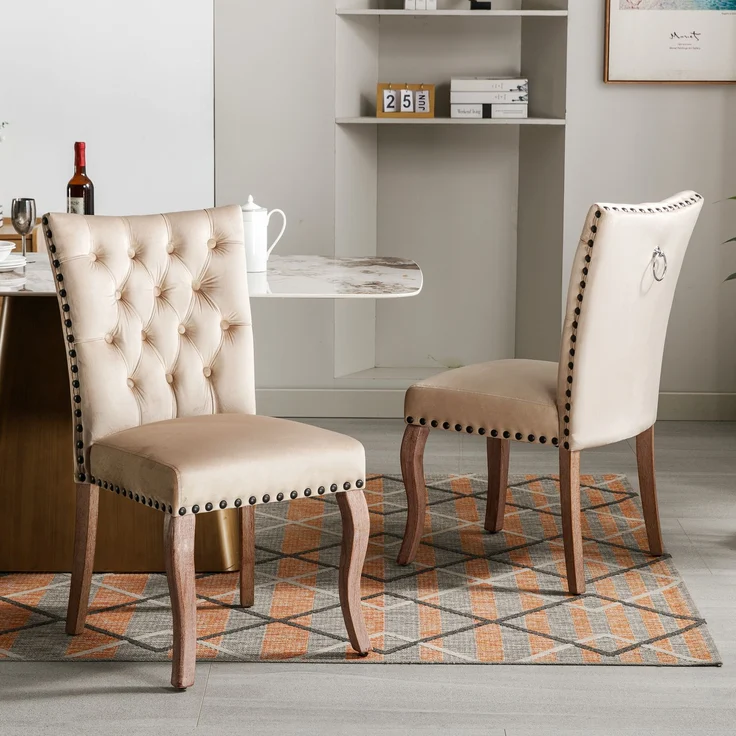2er Set Esszimmerstuhl Samt gepolstert Massivholz mit Kupfernägeln, modernes Design, komfortabler Sessel,Helles Kamel – Bild 2