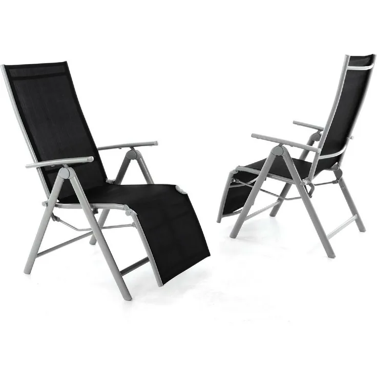 VCM 2er Set Gartenliege, klappbar, schwarz mit grauem Aluminiumrahmen, 7-fach verstellbare Rückenlehne, Maße H. 113 x B. 59 x T. 74 cm, bis 110 kg belastbar