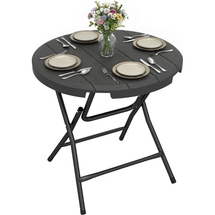 Outsunny Gartentisch Campingtisch Garten Esstisch mit Holzoptik, für Balkon, Terrasse (Beistelltisch für 4 Personen, 1-St, Runder Klapptisch), HDPE, Dunkelgrau – Bild 2