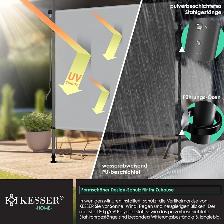 KESSER® Klemmmarkise Senkrechtmarkise außen Ausziehbar & Blickdicht | Vertikalmarkise mit Handkurbel ohne Bohren | Balkon-Sichtschutz & Windschutz für Garten & Terrasse Wasserfest Grau, 150 x 310 cm – Bild 3