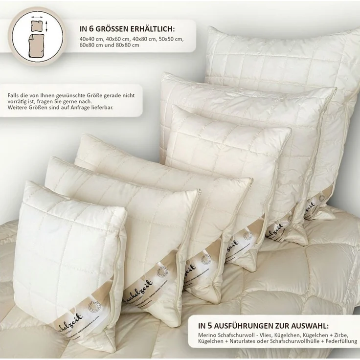 Meivita Naturhaarkissen Merino Kopfkissen mit Schafschurwollkugeln, Füllung: 100% Wolle (Schurwollkügelchen), Bezug: 100% Baumwolle untersteppt mit 100% Wolle (Merino Schafschurwollvlies), Rückenschläfer, Seitenschläfer, Bauchschläfer, Kissen Hergestel... – Bild 3