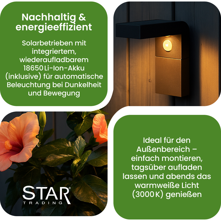 Star Solar LED Wandlaterne „Vici“ - mit Bewegungs- und Dämmerungssensor - 300 Lumen Lichtimpuls & sanftes Dauerlicht - Warmweiß - Für den Außenbereich - 20 cm Höhe - Schwarz – Bild 3