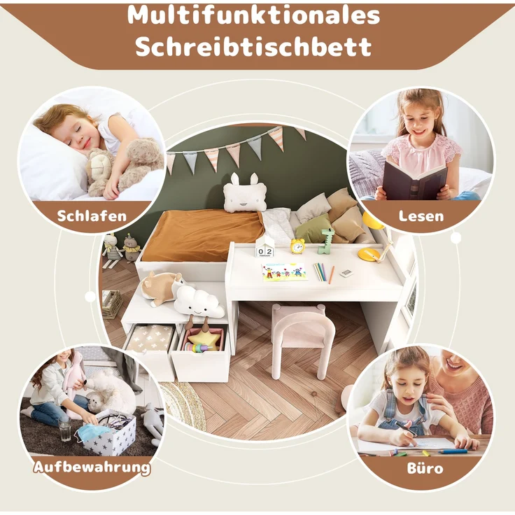 MODFU Kinderbett Schreibtischbett Funktionsbett für Kinderzimmer (Jugendbett, Lernbett, 1-tlg, 90 x 200 cm, Ohne Matratze), mit integriertem Schreibtisch und Schubladen – Bild 8