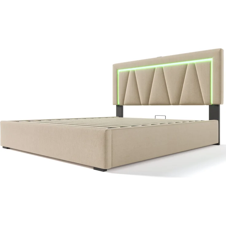 Polsterbett 160x200 cm aus Leinen mit Stauraum, USB- und Type-C-Anschluss und LED-Beleuchtung – Bild 10