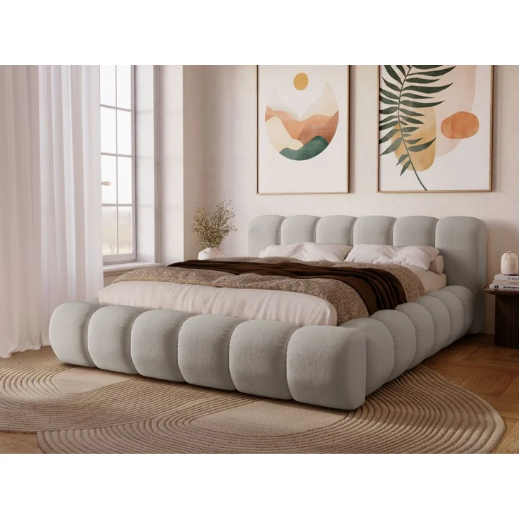 GRAINGOLD Doria Doppelbett 180x200, mit Kopfteil, Lattenrost, Bettkasten, Velour-Stoff, Hellgrau – Bild 1
