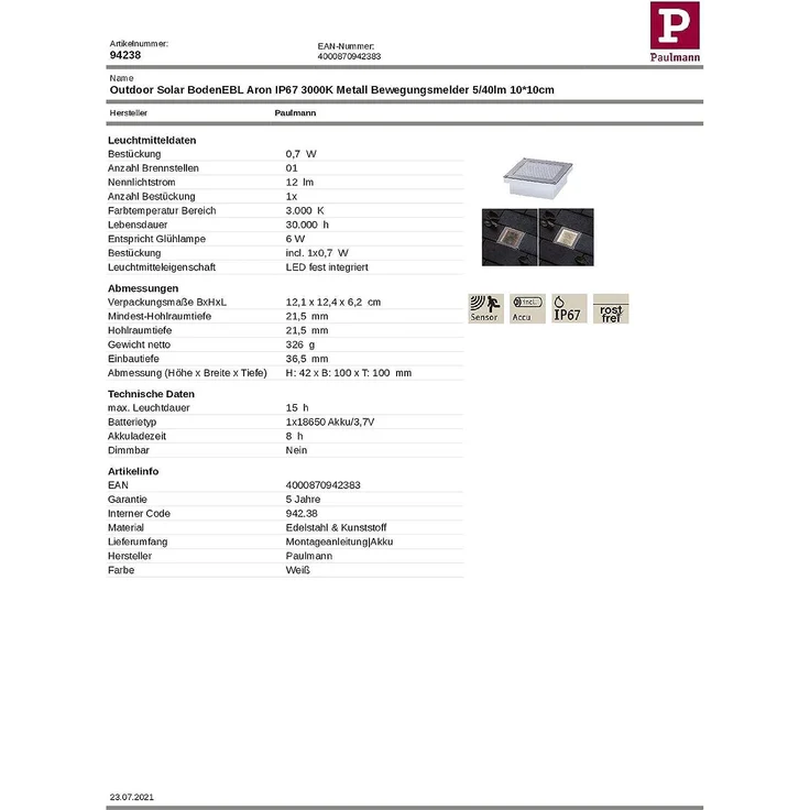 Paulmann No. 94238 Solar LED Bodeneinbauleuchte Aron 10x10 cm mit Bewegungsmelder – Bild 19