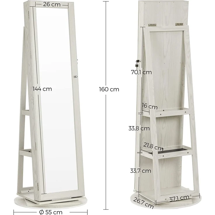 Songmics Schmuckschrank mit Ganzkörperspiegel, 360° drehbar, abschließbar mit Schlüsseln, weiß/graue Holzmaserung – Bild 6