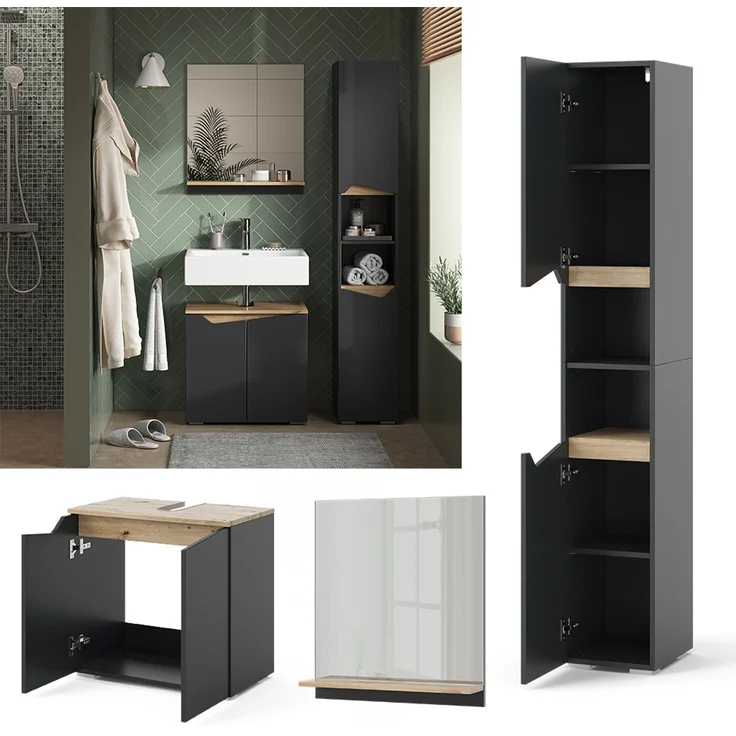 Badmöbel-Set Marelle Anthrazit 3 Teile, mit Hochschrank Vicco – Bild 2