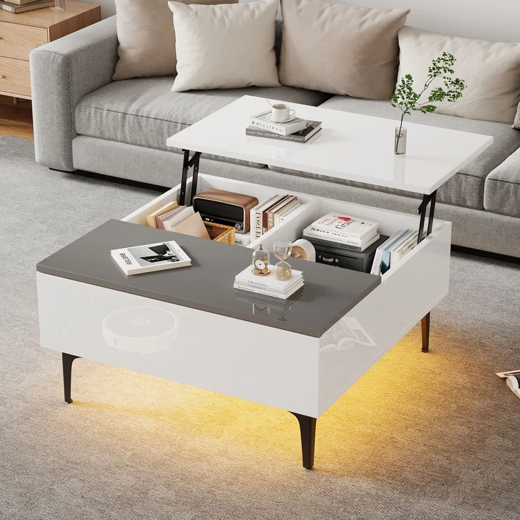 EINHOM 70 x 70 x 35 cm Couchtisch, Höhenverstellbarer Kaffeetisch mit Verstecktem Stauraum und Ablagen, Weißer Hochglanz-Wohnzimmertisch, Schreibtisch mit LED, Sofatisch mit Schubladen – Bild 7