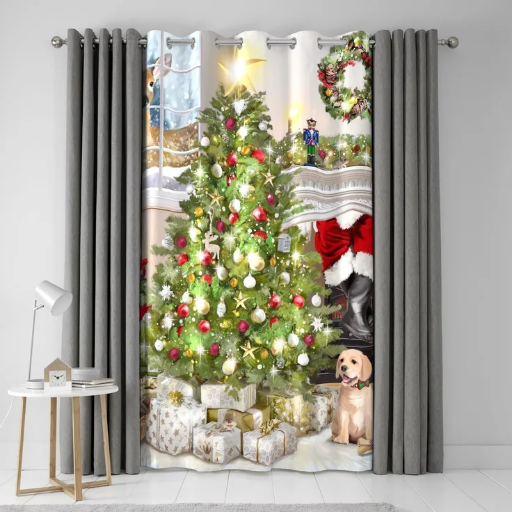 Fusion Ösenvorhänge Weihnachtsbaum & Hunde - B 55 x L 84 (138 x 214 cm) - Golden Retriever Welpe Druck - Festliche Vorhänge für Schlafzimmer & Wohnzimmer Dekoration - 2 Paneele