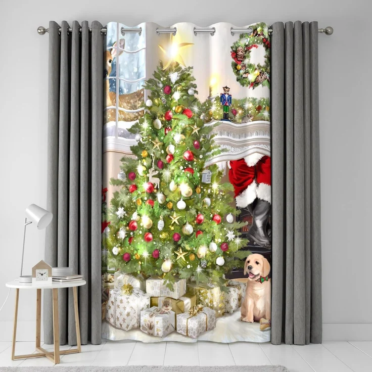 Fusion Ösenvorhänge Weihnachtsbaum & Hunde - B 55 x L 84 (138 x 214 cm) - Golden Retriever Welpe Druck - Festliche Vorhänge für Schlafzimmer & Wohnzimmer Dekoration - 2 Paneele