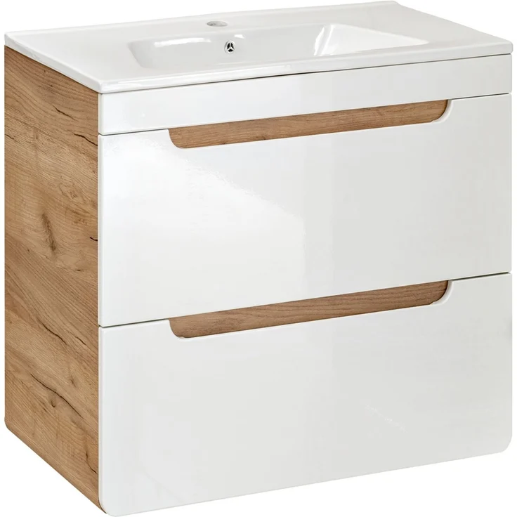 Badezimmermöbel Set inkl. 61 cm Keramik-Waschtisch LUTON-56 in Hochglanz weiß mit Wotan Eiche Nb, B/H/T ca. 160/200/46 cm – Bild 2