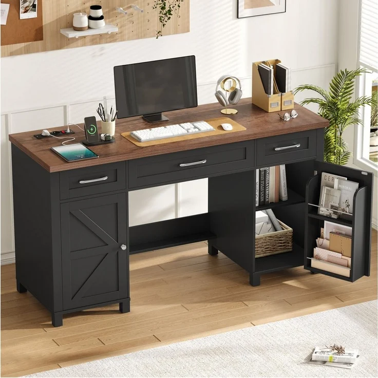 Homfa Schreibtisch mit Steckdose Computertisch mit Schubladen 150 x 48 cm, Schreibtisch mit Stauraum, Schminktisch, 2 AC und 2 USB, schwarz – Bild 1