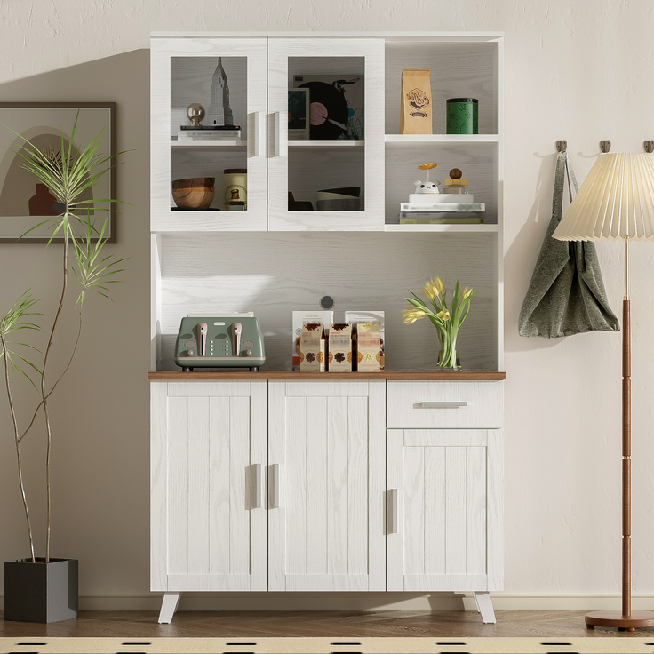 Sideboard, Weißer Holzmaserung-Hochschrank 114 x 40 x 190 cm, geeignet für Wohnzimmer und Esszimmer--Braun, Weiß, Holz--114x40x190cm--YOUDENOVA – Bild 7