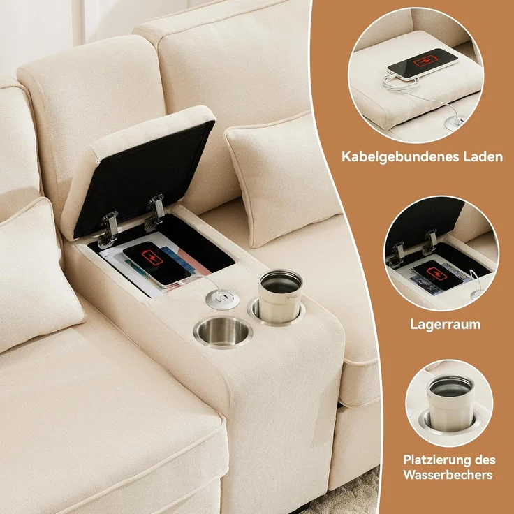 Ball & Cast Sofa mit 2 Getränkehaltern und 2 USB-Anschlüssen, Couch mit Schlaffunktion für Wohnzimmer, Wohnung, Büro, 290 x 83 cm, Beige – Bild 7