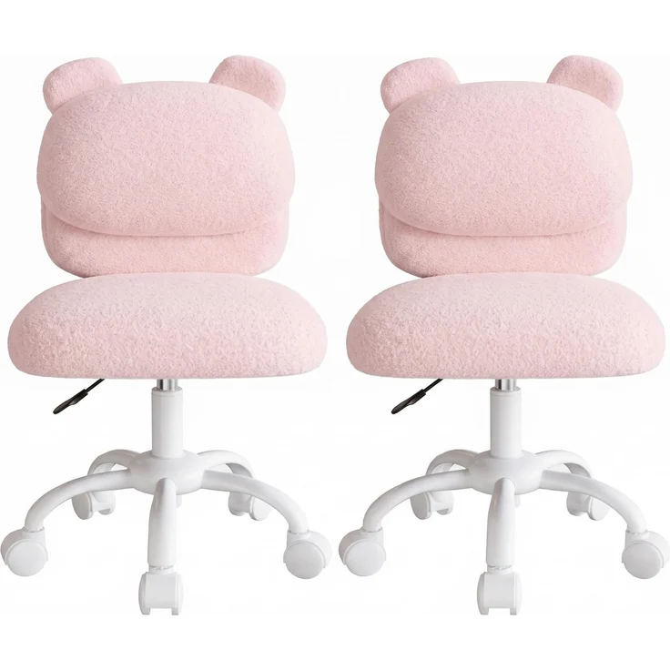 Marsail Schminktisch Stuhl, Schreibtischstuhl aus Teddyfleece, Rosa | Armlehnenlos, Bären-Rückenlehne, breitere Sitzfläche, leichtgängige Rollen, höhenverstellbar, für Schlaf & Arbeitszimmer,2pcs