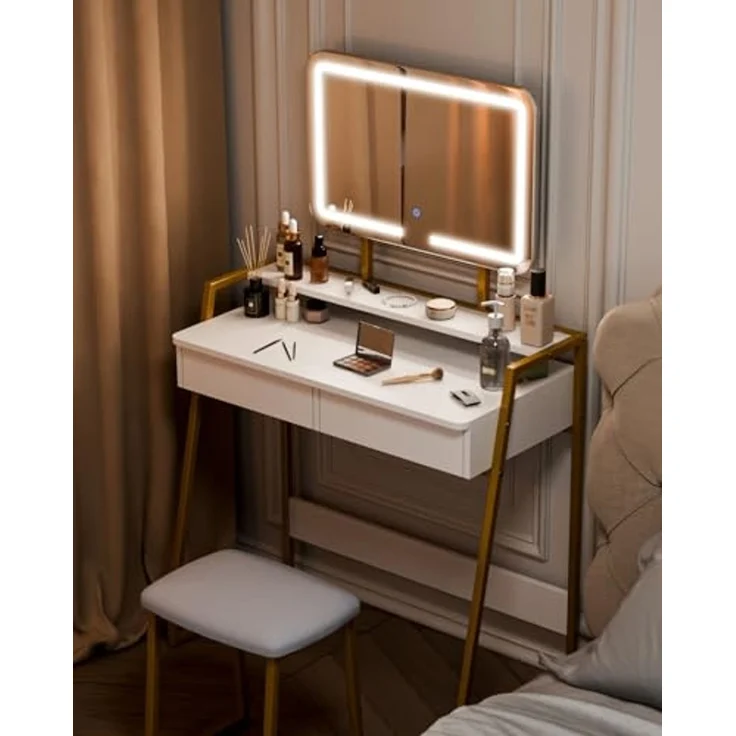 Mondeer Schminktisch Kosmetiktisch-Set(2-St), mit LED Beleuchtung, mit Spiegel einstellbare Helligkeit und Hocker – Bild 4