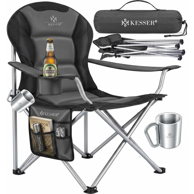 KESSER® Campingstuhl faltbar bis 150 kg Angelstuhl Faltstuhl Klappstuhl Gepolstert mit Armlehnen, Getränkehalter + Tasche mit hoher Rückenlehne, Strandstuhl, Klapphocker Anthrazit / Schwarz