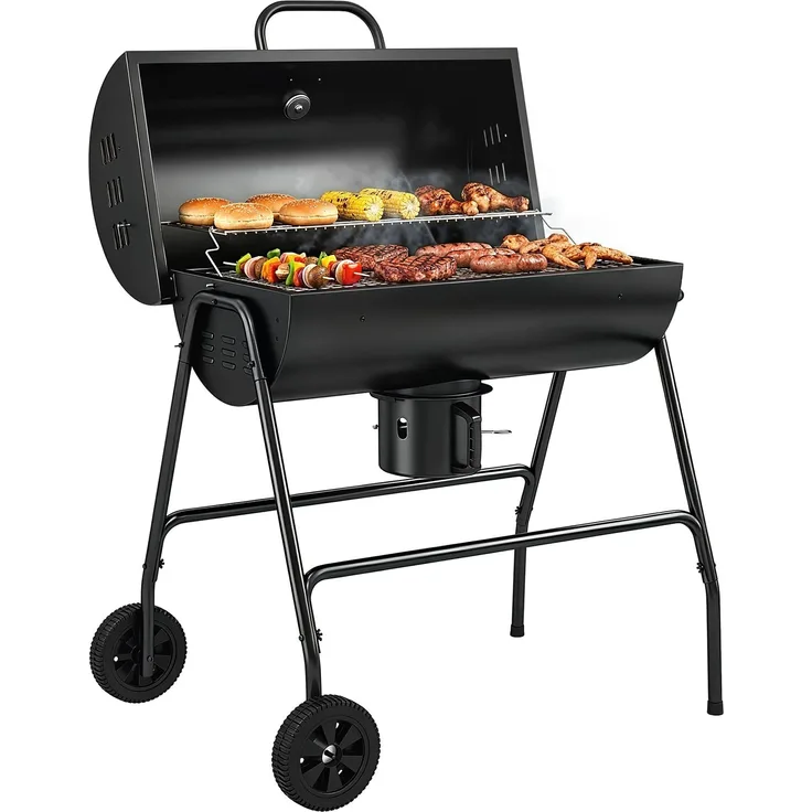 JARDJ Holzkohlegrill aus Metall BBQ Smoker mit Deckel Thermometer Räder Grillwagen 95x71,5x102 cm Schwarz