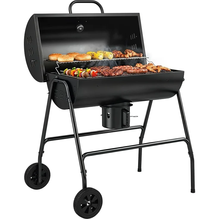 JARDJ Holzkohlegrill aus Metall BBQ Smoker mit Deckel Thermometer Räder Grillwagen 95x71,5x102 cm Schwarz – Bild 1