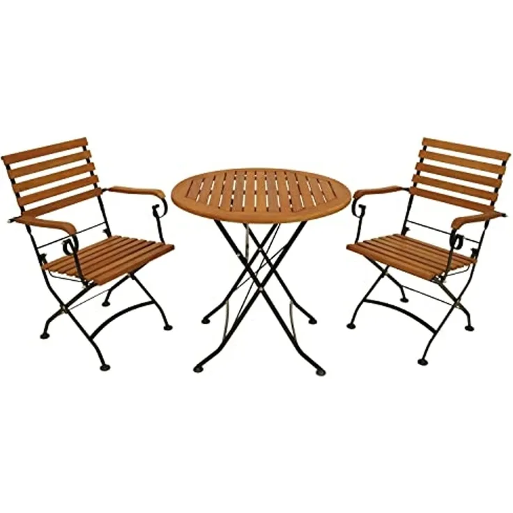DEGAMO Garten-Essgruppe HOFGARTEN, (3-tlg), 2x Sessel, 1x Tisch rund 75cm, Stahl schwarz, Eukalyptus