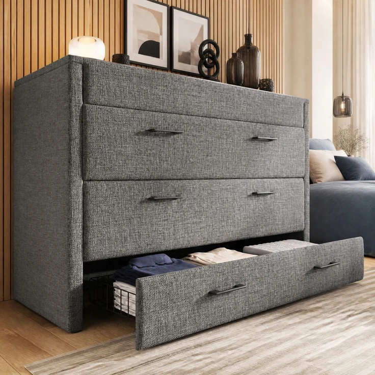 CHICFURN Bett aus Leinen Grau 140x200 cm mit Schublade und USB- und Type-C-Anschlüssen – Bild 4