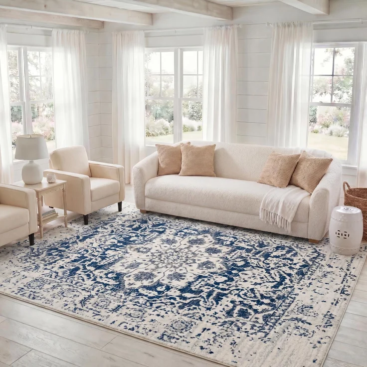 SAFAVIEH Distressed Teppich für Wohnzimmer, Esszimmer, Schlafzimmer - Madison Collection, Kurzer Flor, Creme und Marineblau, 274 x 366 cm