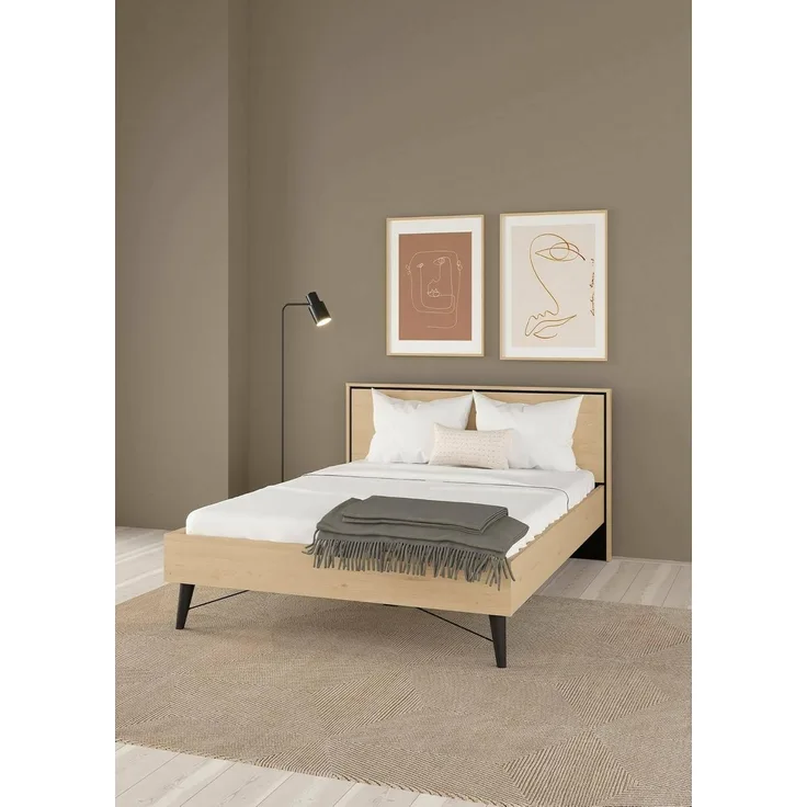 Dmora - Doppelbett Capucin, Struktur des Lagerbetts, Sommier mit Abdeckung, Bettrahmen aus Stoff, 207x153 h91 cm, helle Eiche