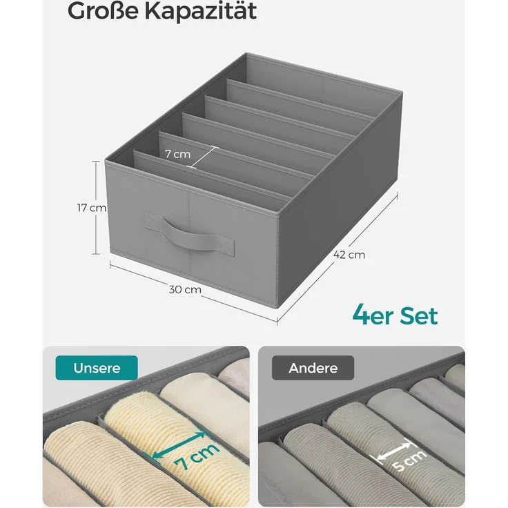 SONGMICS Kleiderschrank-Organizer 4er Set, Aufbewahrungsbox 6 Fächer, Schubladen-Ordnungssystem, Ordnungsboxen faltbar, 42 x 30 x 17 cm, für Hosen, Kleidung, taubengrau RUSDE009G04 – Bild 2