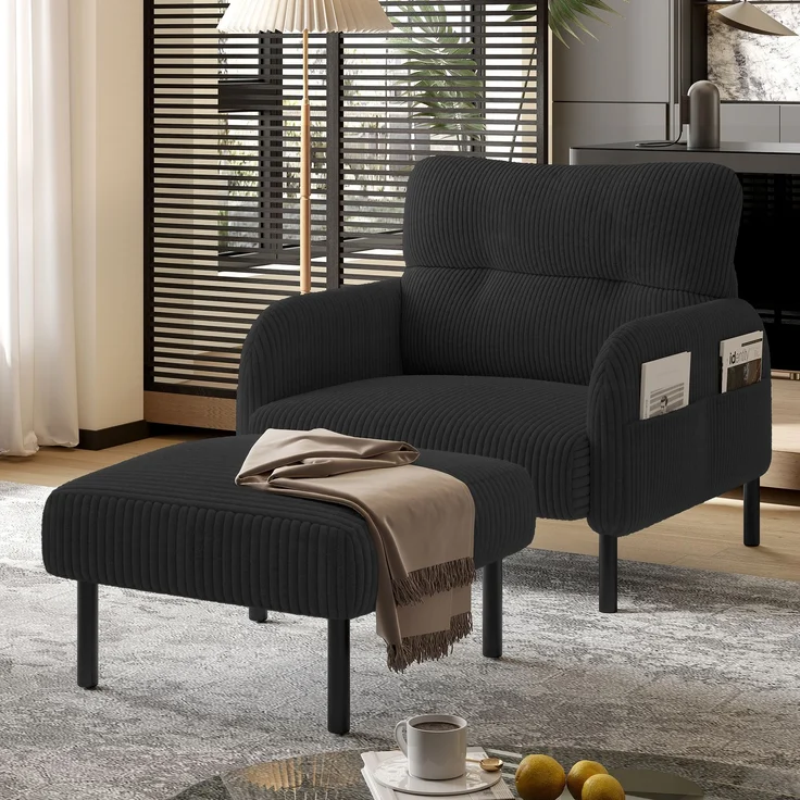 Fußhocker aus Cordstoff, moderner Polsterhocker mit stabiler Metallstruktur, weiche Polsterung & ergonomische Sitzhöhe,Schwarz – Bild 3