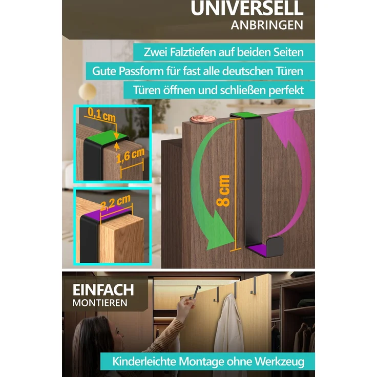 Aurelia Home Türhaken zum Einhängen, 6er-Set, Schwarz – für Türen und Schranktüren, bis 8 kg – Bild 4