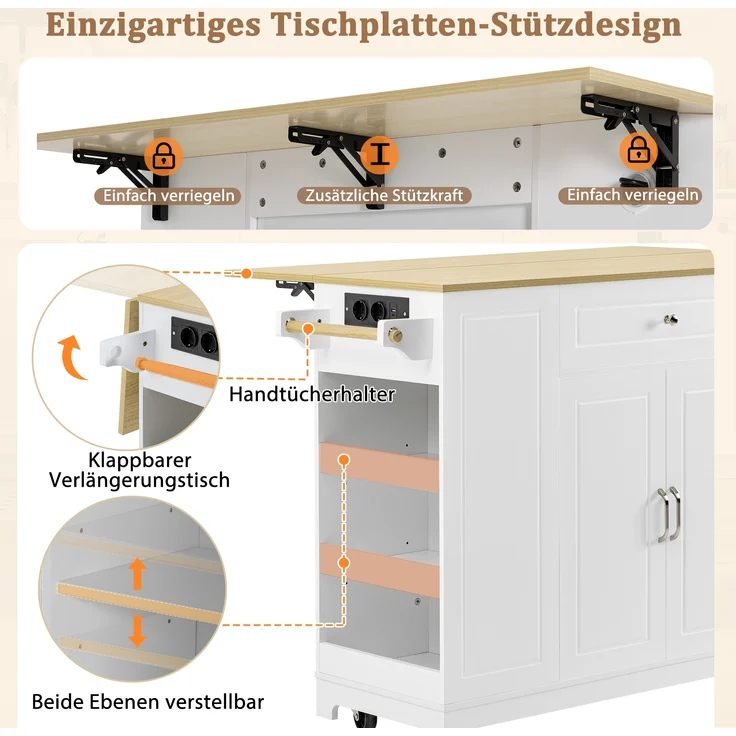 Kücheninsel mit Rollen,Ausziehbarer Essbereich Kücheninsel mit Multifunktionsschubladen und Abfallbehälterfach Mobile Kücheninsel Ideal für Küche und Esszimmer,Weiß, – Bild 6