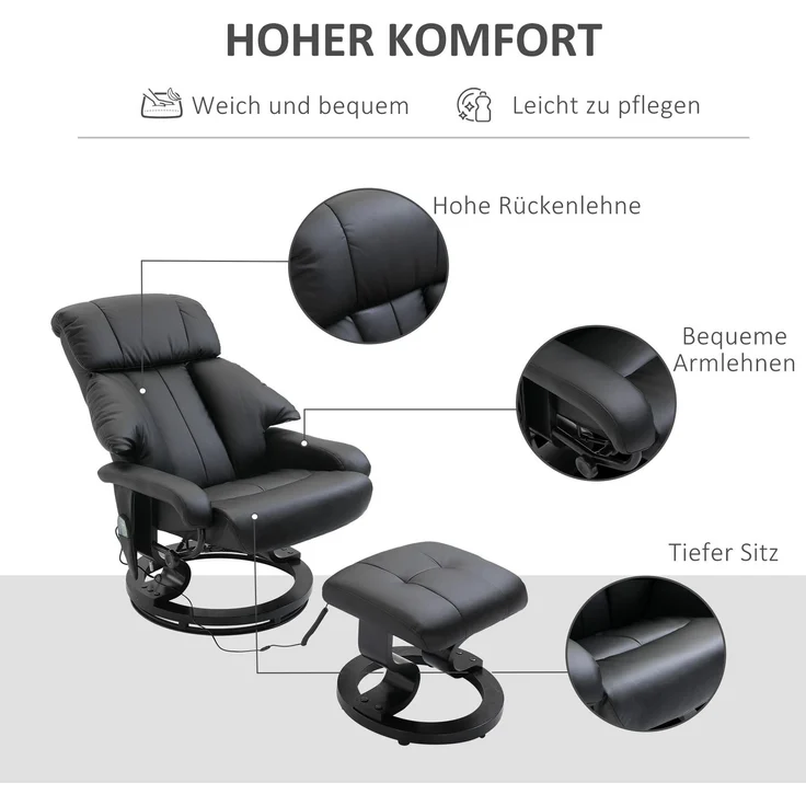 TV Sessel mit Liegefunktion, tiefe Polsterung, hohe Rückenlehne und Armlehnen, 360° Drehbar, Kunstleder, 76L x 80B x 102H cm, Schwarz--Schwarz--76x80x102cm--YOUDENOVA – Bild 6
