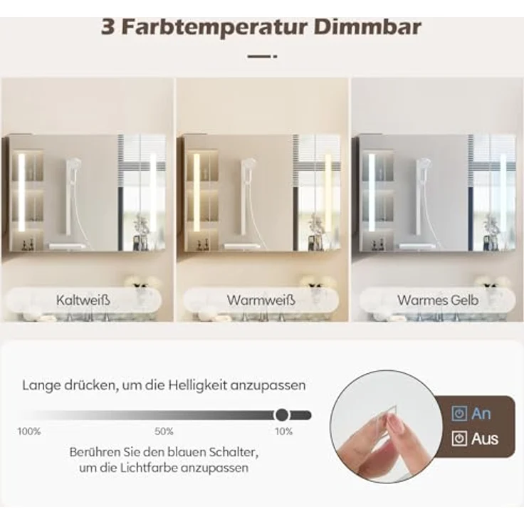 TUKAILAI LED Spiegelschrank Bad 80 x 15 x 60 cm, IP44 Wasserdicht, Stecker Stromversorgung, Moderner Badezimmerschrank mit 3 Lichtfarben, 2 Türen, 3 Verstellbaren Regalen, HD-Spiegel für Badezimmer – Bild 7