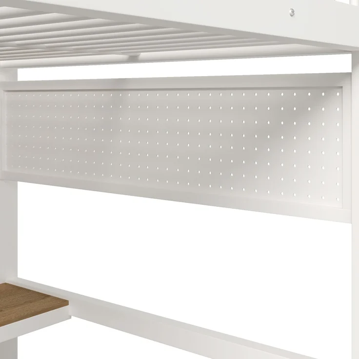 EINHOM Hochbett, 140 x 200 cm, Metall, Gitter zum Aufhängen von Gegenständen, mit LED-Lichtleiste, Treppenkonstruktionen mit Stauraum, Weiß (Ohne Matratze) – Bild 7