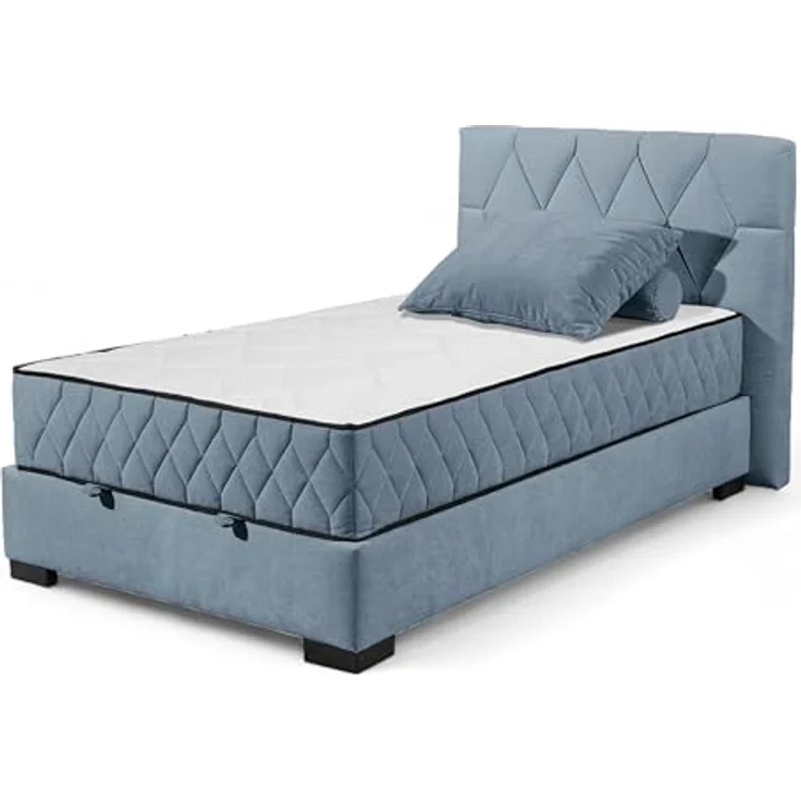 NAGOL B Boxbett 120x200, Denim - Bequemes Bett mit Bettkasten und Premium 9-Zonen-Federkern Wendematratze - 145 x 114 x 214 cm (B/H/T) – Bild 2