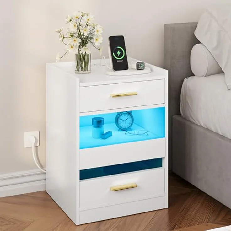 YITAHOME Nachttisch, Beistelltisch mit LED-Lichtern und Ladestation, Nachttischschrank Nachttisch mit Aufbewahrungsschubladen für Wohnzimmer Schlafzimmer, 40 x 40 x 60 cm, Weiß – Bild 2