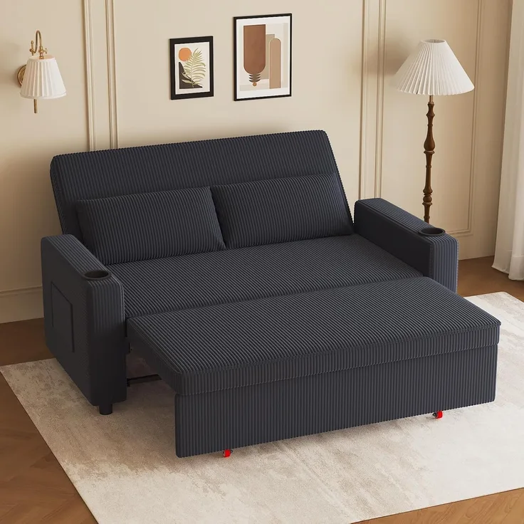 JUMMICO Schlafsofa 2 Sitzer klein Sofa mit Schlaffunktion,75T x 160B cm | Schlafsofa mit bettkasten Schlafcouch mit Kissen Cord-Bezug Für Wohnzimmer Schlafzimmer,Blauschwarz