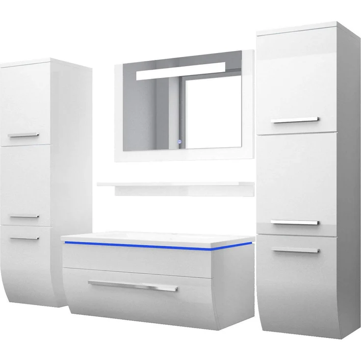 Homeline Badmöbel Set Weiss 210 cm Hochglanz Waschbecken Spiegel Komplett Bad Led System – Bild 2