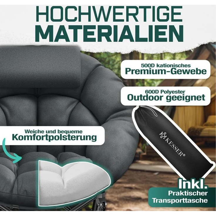 KESSER Campingstuhl Chillexer, faltbar, 150 kg Klappstuhl mit Kissen, Seitentasche & Cover, Relaxstuhl Outdoor + Indoor für Camping, Angeln, Festival, Strand, 110 × 110 × 110 cm – Bild 3
