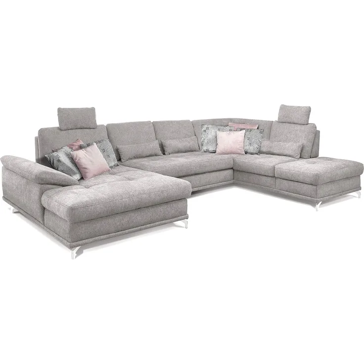Cavadore Wohnlandschaft Castiel mit Federkern / Großes Schlafsofa in U-Form mit Bettkasten, Sitztiefenverstellung und Kopfstützen / 368 x 114 x 232 / Webstoff, Hellgrau